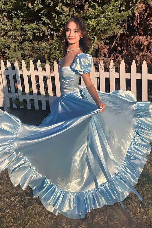 Stunning Sky Blue Sweetheart Neck A-Line Satin Prom Dresses Formal Evening Gowns with Slits