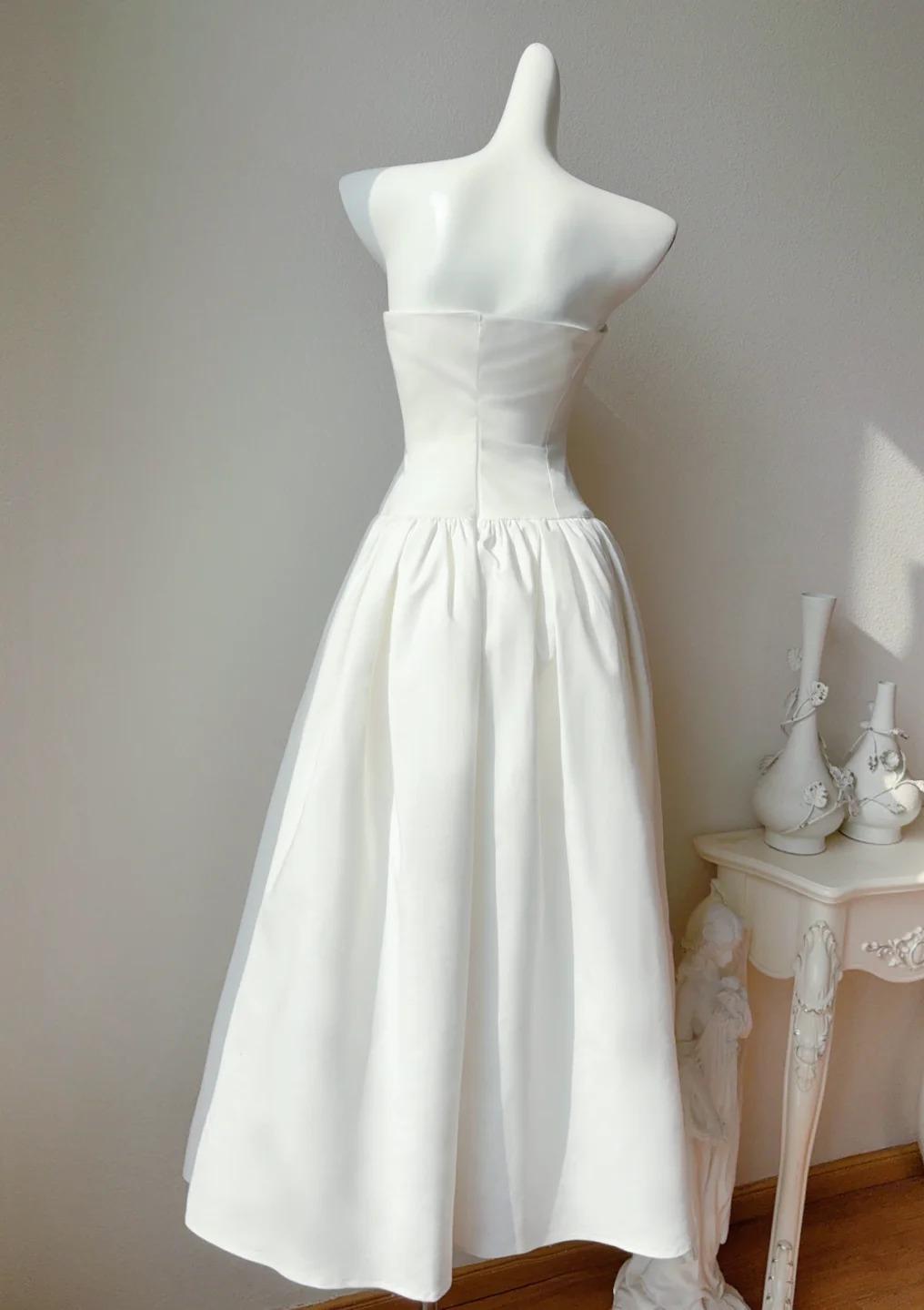Simple White Strapless A-Line Birthday Party Dress Satin Prom Dresses