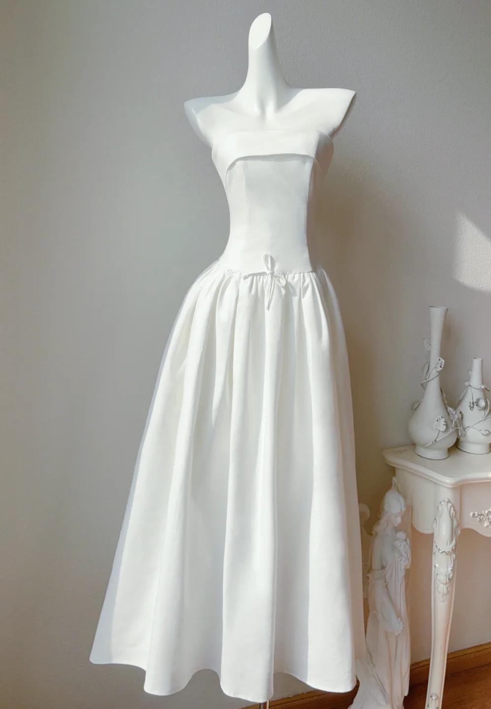 Simple White Strapless A-Line Birthday Party Dress Satin Prom Dresses