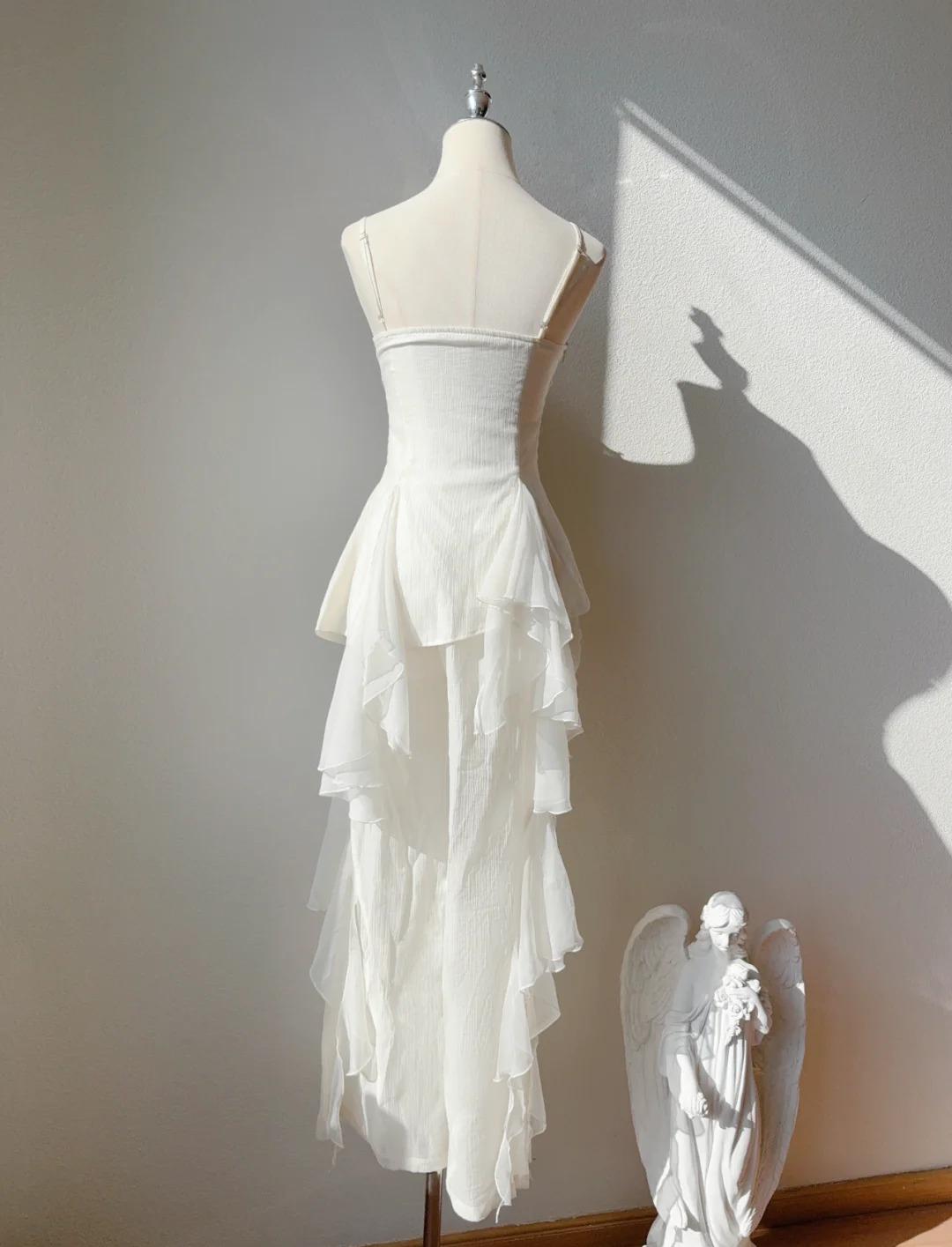 Sweet White Spaghetti Straps Chiffon A-Line Prom Dresses Birthday Evening Gowns
