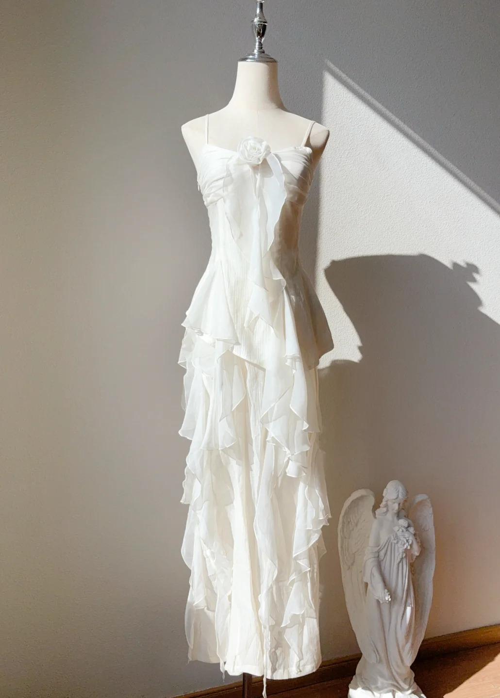 Sweet White Spaghetti Straps Chiffon A-Line Prom Dresses Birthday Evening Gowns
