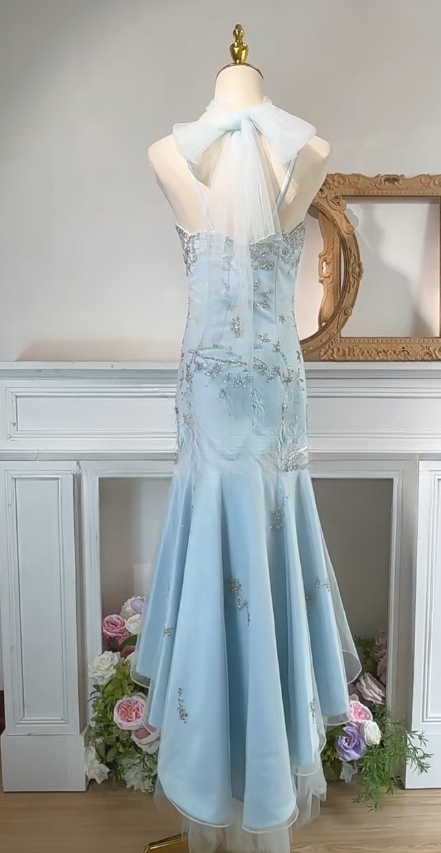 Sweet Blue Spaghetti Straps Tulle Mermaid Satin Sequin Prom Dresses Retro Birthday Evening Gowns