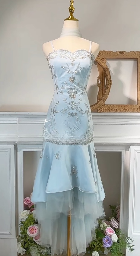 Sweet Blue Spaghetti Straps Tulle Mermaid Satin Sequin Prom Dresses Retro Birthday Evening Gowns