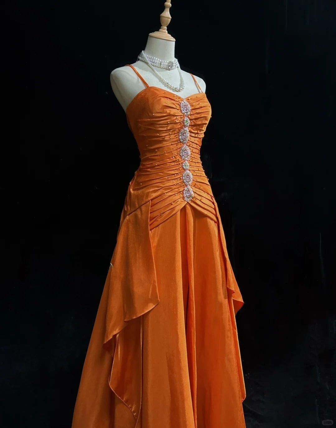 Gorgeous Orange Spaghetti Straps A-Line Satin Long Prom Dresses Formal Evening Gowns with Pleats