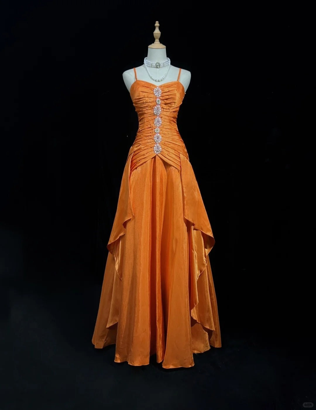 Gorgeous Orange Spaghetti Straps A-Line Satin Long Prom Dresses Formal Evening Gowns with Pleats