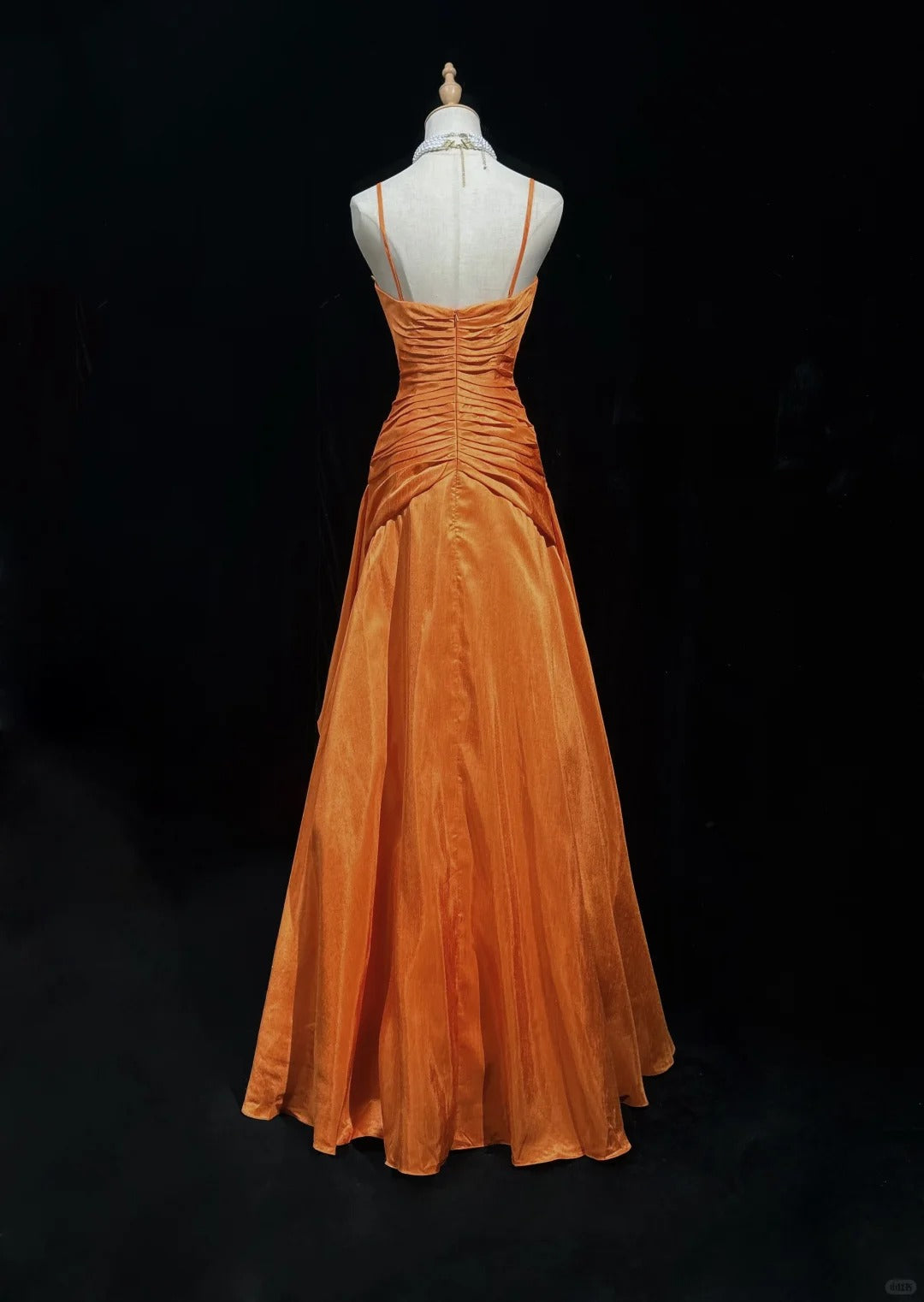 Gorgeous Orange Spaghetti Straps A-Line Satin Long Prom Dresses Formal Evening Gowns with Pleats