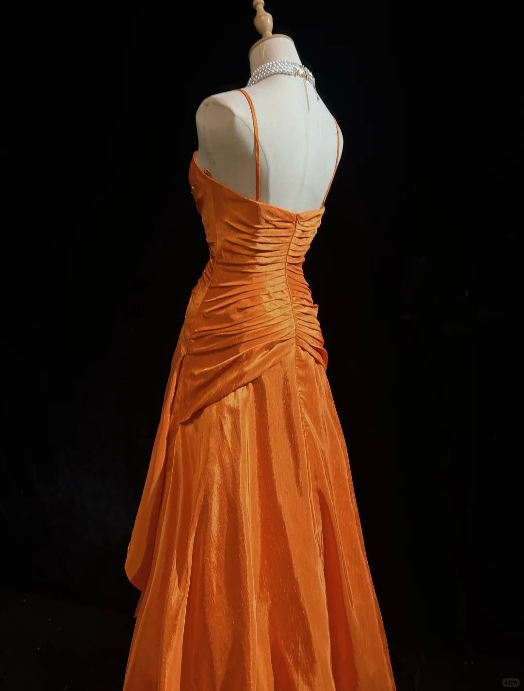 Gorgeous Orange Spaghetti Straps A-Line Satin Long Prom Dresses Formal Evening Gowns with Pleats