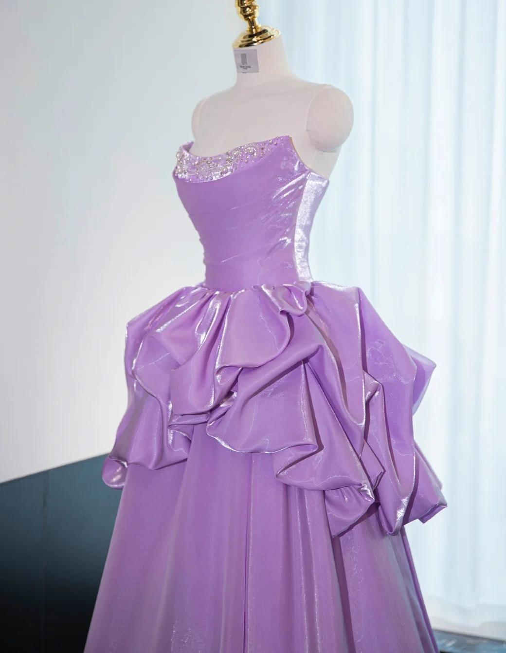 Gorgeous Strapless Purple A-Line Satin Long Prom Dress Formal Evening Gowns