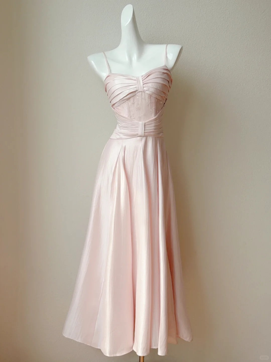 Sweet Blush Pink Spaghetti Straps A-Line Satin Long Prom Dress Formal Evening Gowns