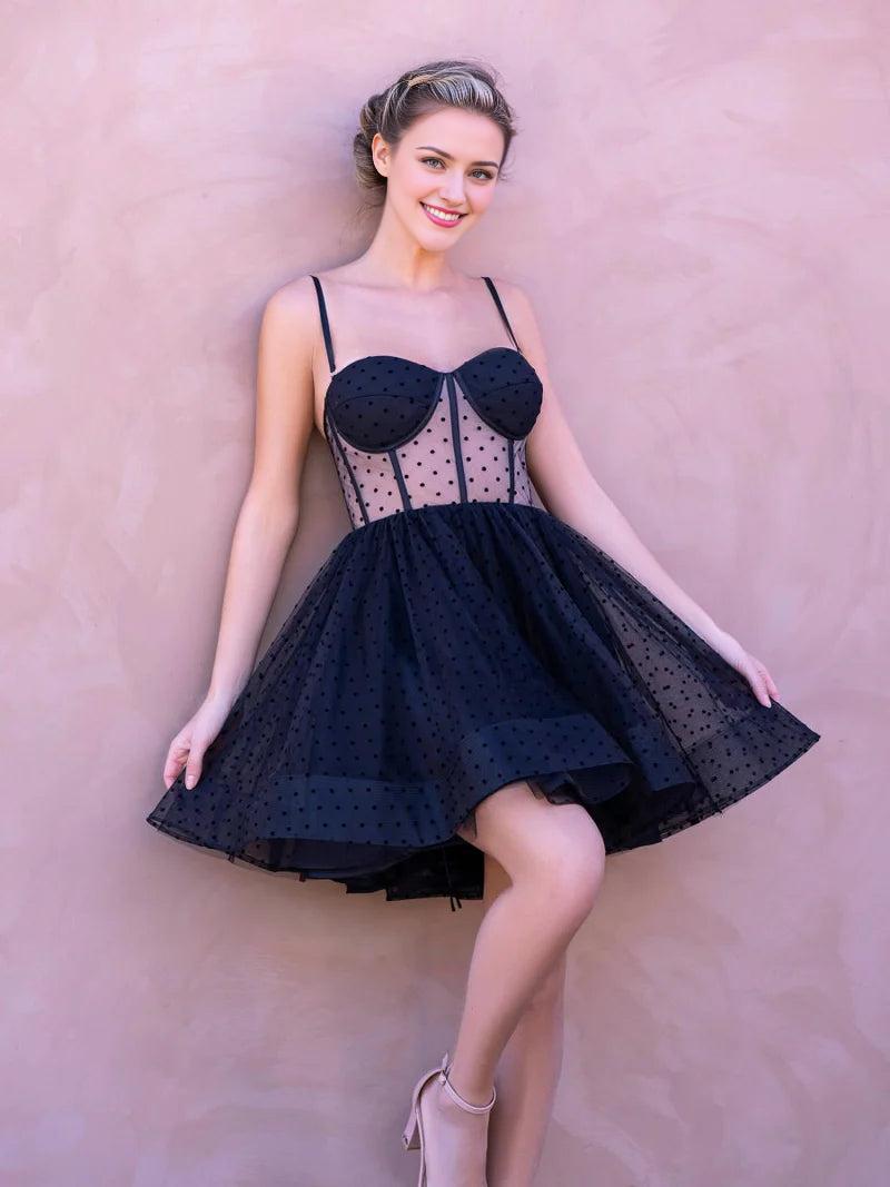 Fashion Black Polka Dot Spaghetti Straps A-Line Tulle Short Prom Dresses Homecoming Dress