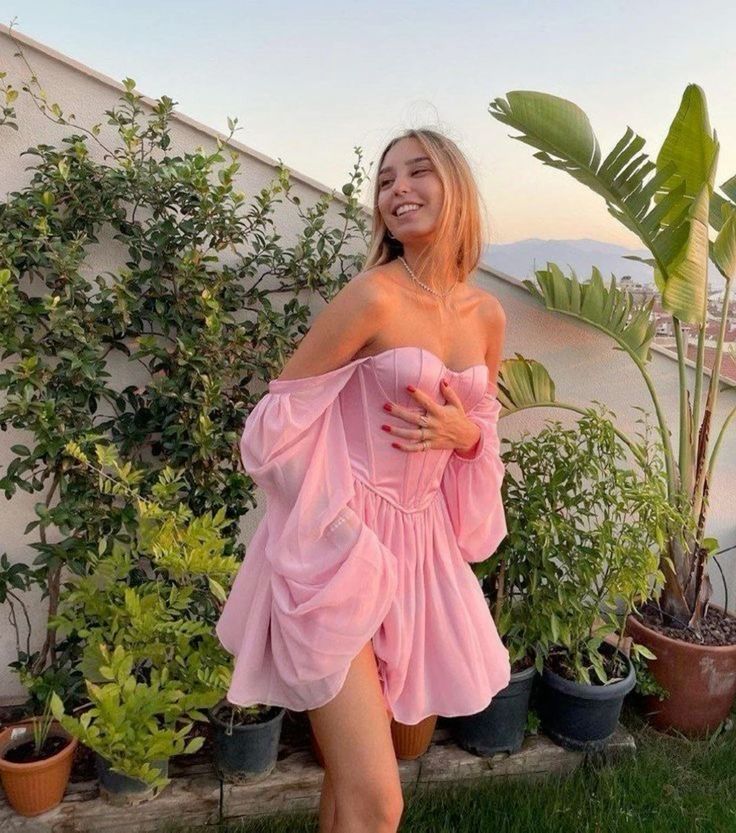 Elegant Pink Sweetheart Neck A-Line Chiffon Long Sleeve Short Prom Dresses Fashion Homecoming Dress