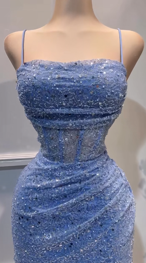 Sexy Glitter Blue Spaghetti Straps Bodycon Tulle Lace Short Prom Dresses Birthday Party Dress with Sequins