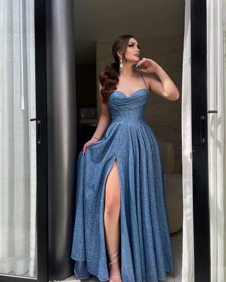 Elegant Navy Blue Sweetheart Neck A-Line Glitter Sequins Long Prom Dresses Evening Gowns with Open Back