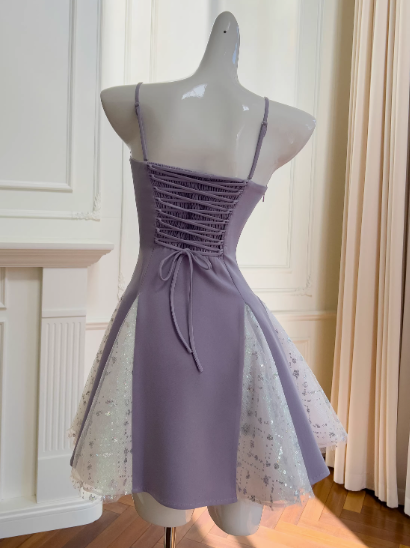 Gorgeous Lavender Spaghetti Straps A-Line Satin Short Prom Dresses Glitter Tulle Homecoming Dresses with Bows