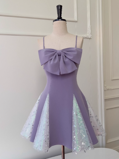 Gorgeous Lavender Spaghetti Straps A-Line Satin Short Prom Dresses Glitter Tulle Homecoming Dresses with Bows