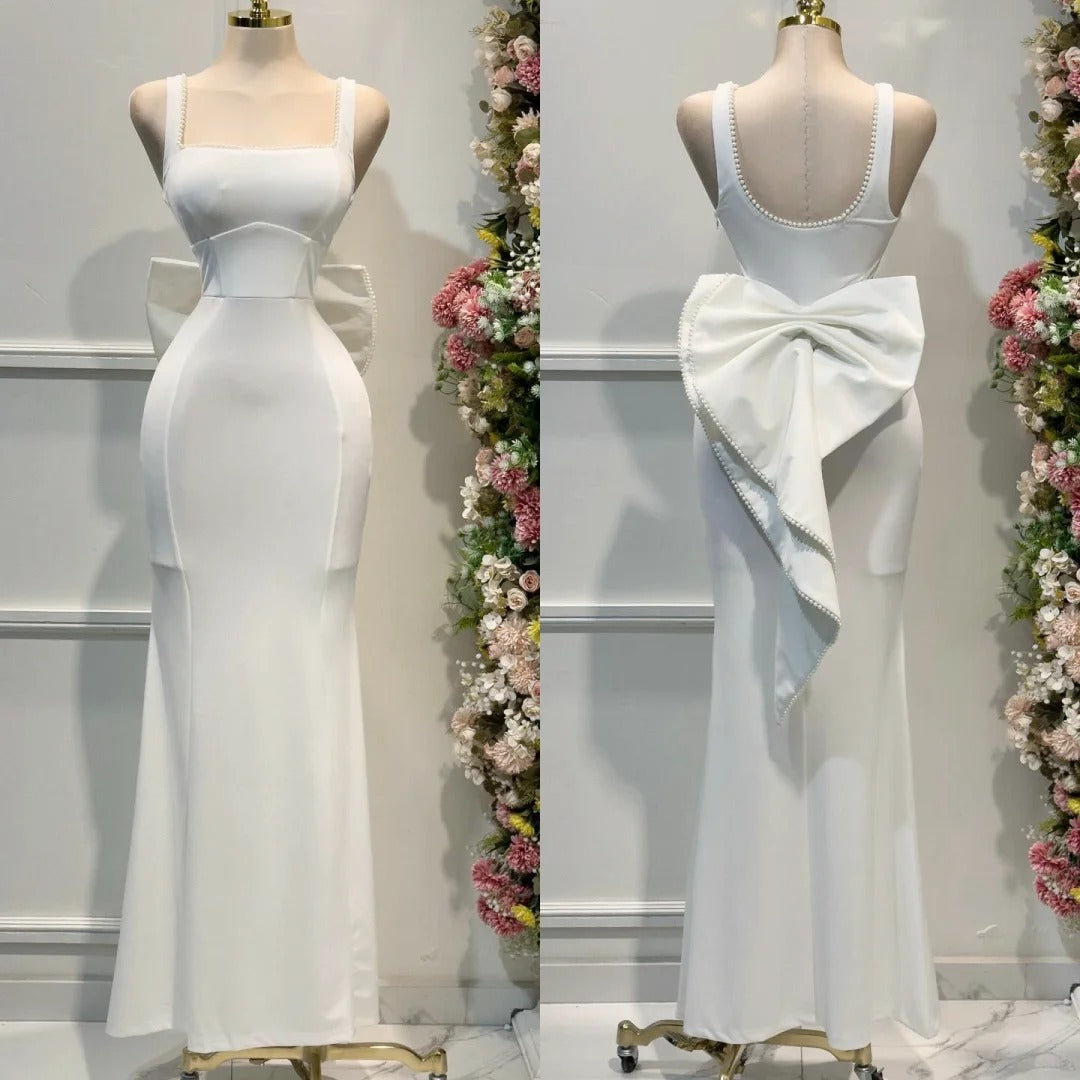 Elegant White Square Neck Mermaid Satin Prom Dresses Formal Evening Gowns with Bow