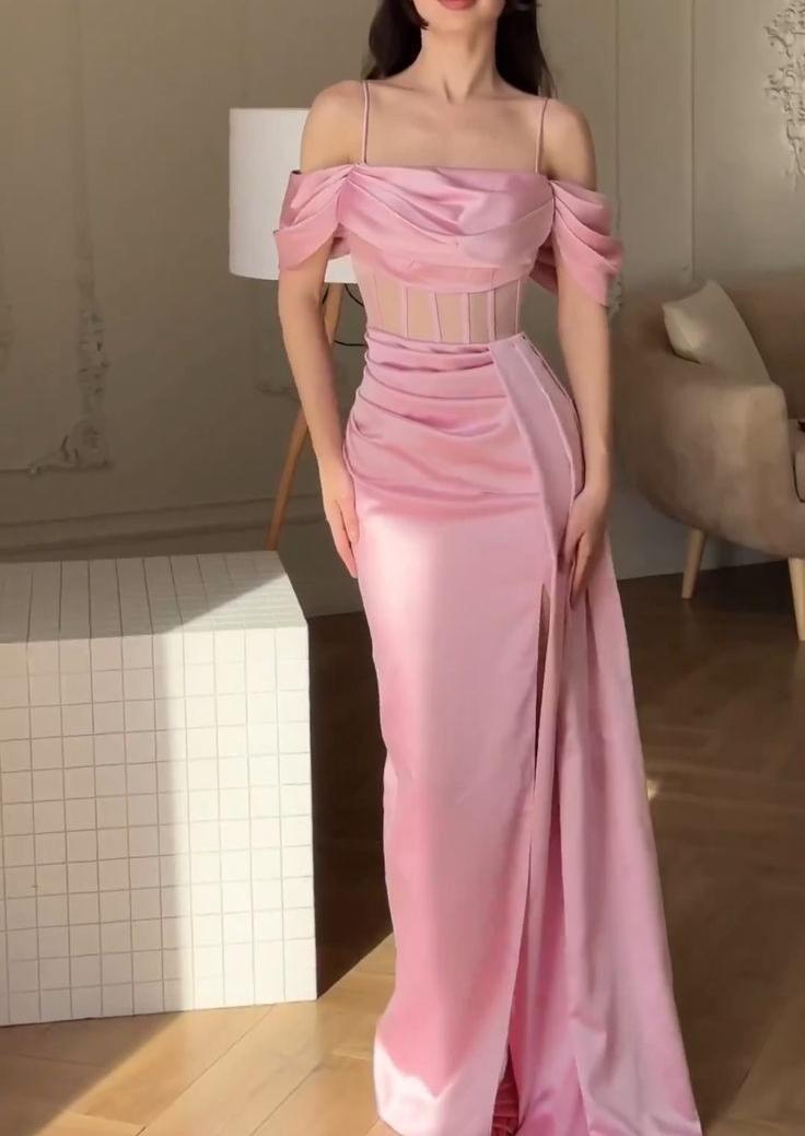 Sweet Pink Off Shoulder Sheath Satin Long Prom Dresses Formal Evening Gowns with Slits