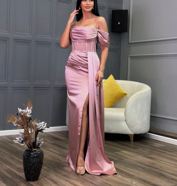 Sweet Pink Off Shoulder Sheath Satin Long Prom Dresses Formal Evening Gowns with Slits