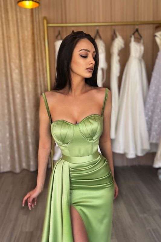 Glam Green Spaghetti Straps Mermaid Satin Short Long Prom Dresses Formal Evening Gowns with Slits
