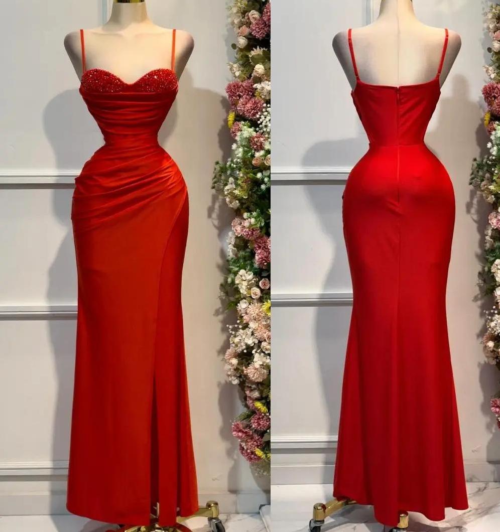 Elegant Red Spaghetti Straps Mermaid Satin Beaded Long Prom Dresses Formal Evening Gowns
