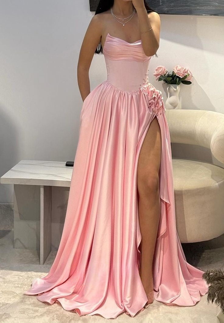 Sweet Strapless Pink A-Line Satin Long Prom Dresses Formal Evening Gowns with Slits