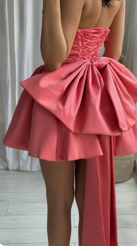 Gorgeous Hot Pink Strapless A-Line Satin Homecoming Dresses Short Prom Dresses with Bow