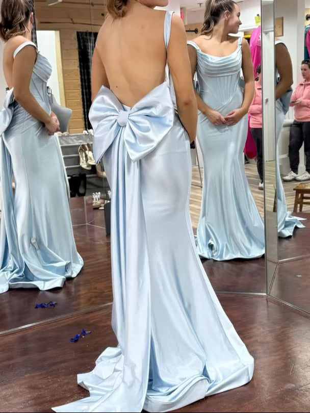 Elegant Light Blue Square Neck Mermaid Satin Long Prom Dresses Formal Backless Evening Gowns with Bow