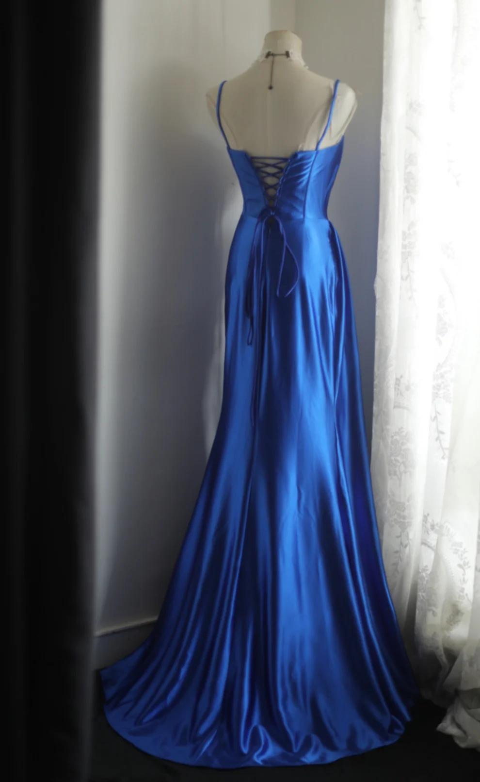 Elegant Blue Spaghetti Straps Mermaid Satin Long Prom Dresses Formal Evening Gowns