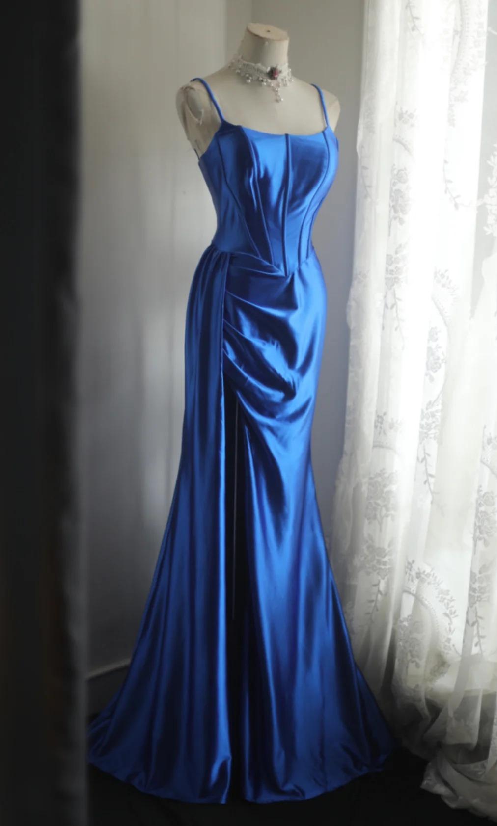 Elegant Blue Spaghetti Straps Mermaid Satin Long Prom Dresses Formal Evening Gowns