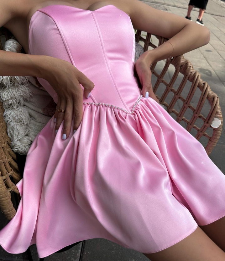 Fashion Pink Strapless A-Line Satin Short Prom Dresses Homecoming Dresses