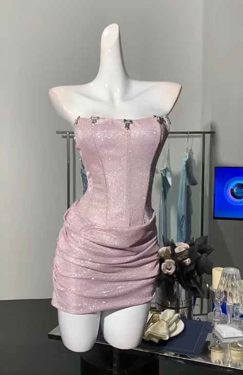 Sweet Pink Strapless Bodycon Glitter Satin Short Party Dresses Homecoming Dresses