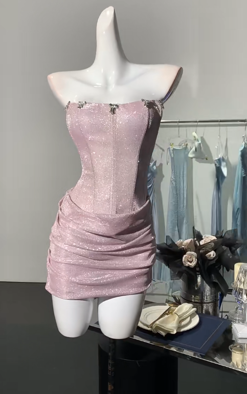 Sweet Pink Strapless Bodycon Glitter Satin Short Party Dresses Homecoming Dresses