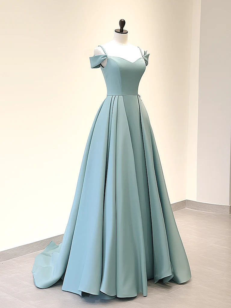 A-Line Off Shoulder Satin Blue Long Prom Dress Blue Long Evening Dress