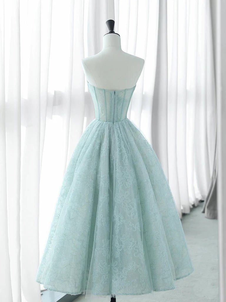 A-Line Sweetheart Neck Tulle Lace Blue Short Prom Dress Blue Formal Dress