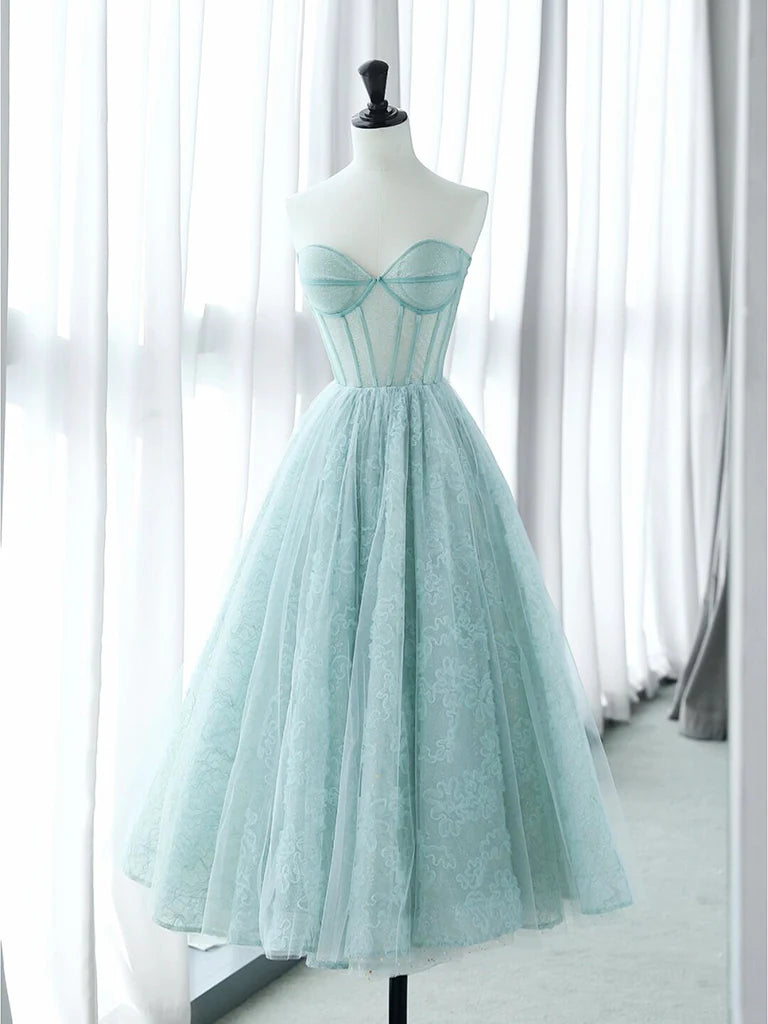 A-Line Sweetheart Neck Tulle Lace Blue Short Prom Dress Blue Formal Dress