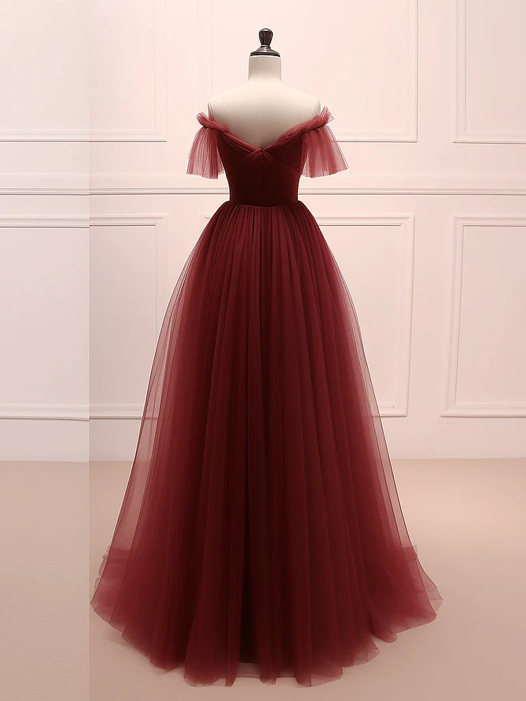 A-Line Burgundy Tulle Long Prom Dress Burgundy Long Evening Dress