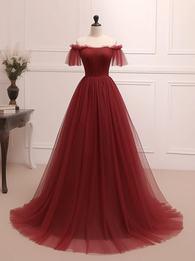 A-Line Burgundy Tulle Long Prom Dress Burgundy Long Evening Dress