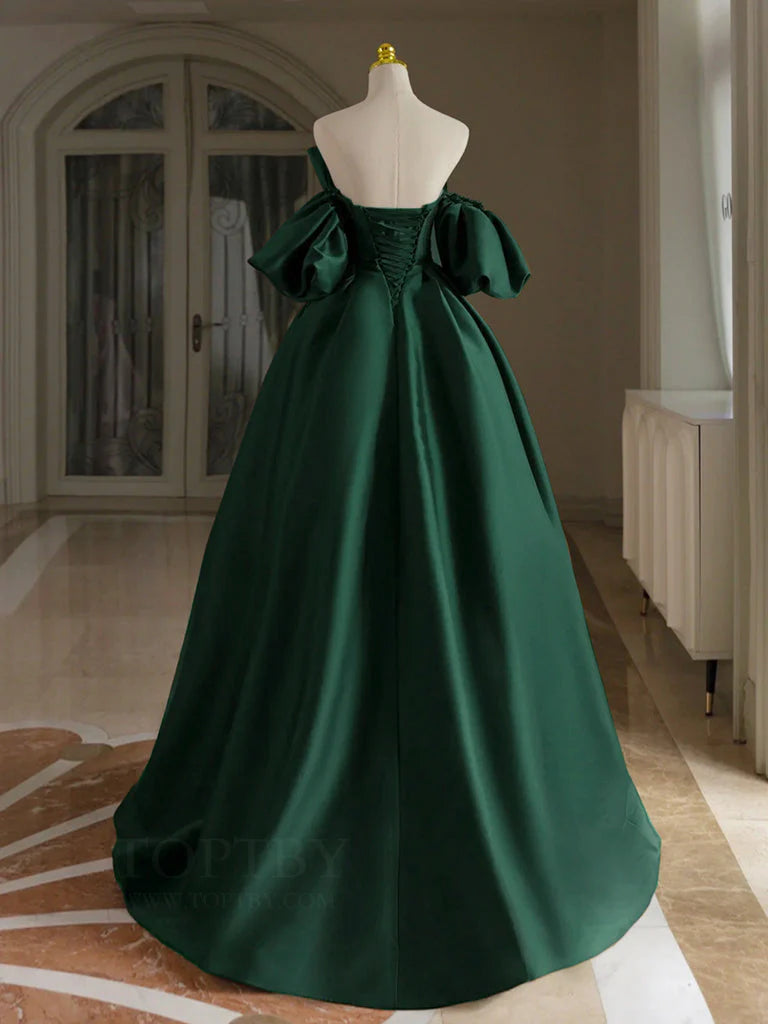 A-Line Off Shoulder Satin Green Long Prom Dress Green Long Formal Dress