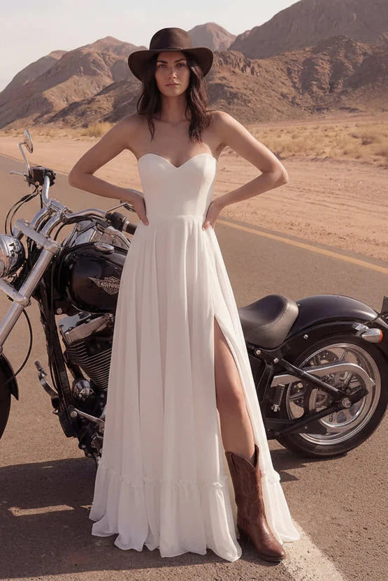 Edgy A-Line Sweetheart Ruffled Slit White Maxi Wedding Dress Hot Sale