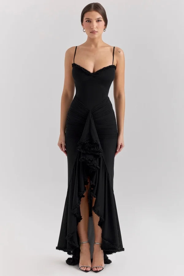 Edgy Mermaid Spaghetti Strap Frill Black Maxi Prom Dress