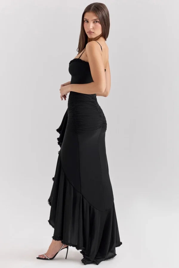 Edgy Mermaid Spaghetti Strap Frill Black Maxi Prom Dress