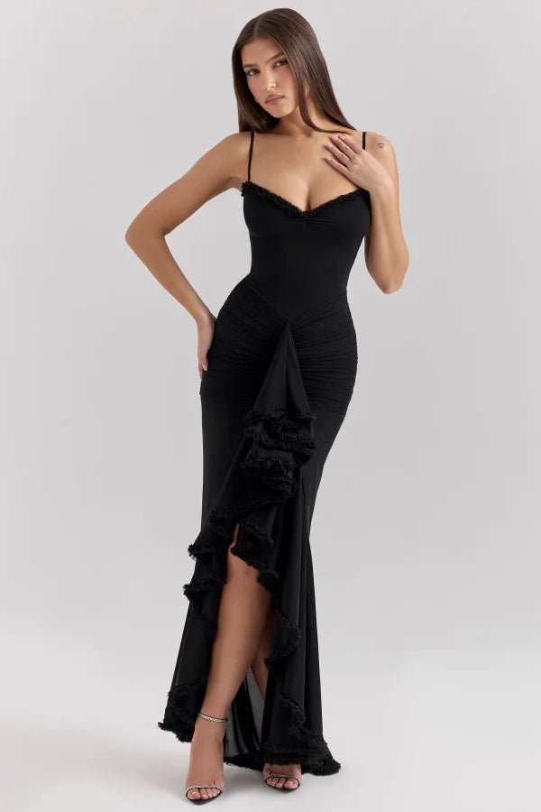 Edgy Mermaid Spaghetti Strap Frill Black Maxi Prom Dress