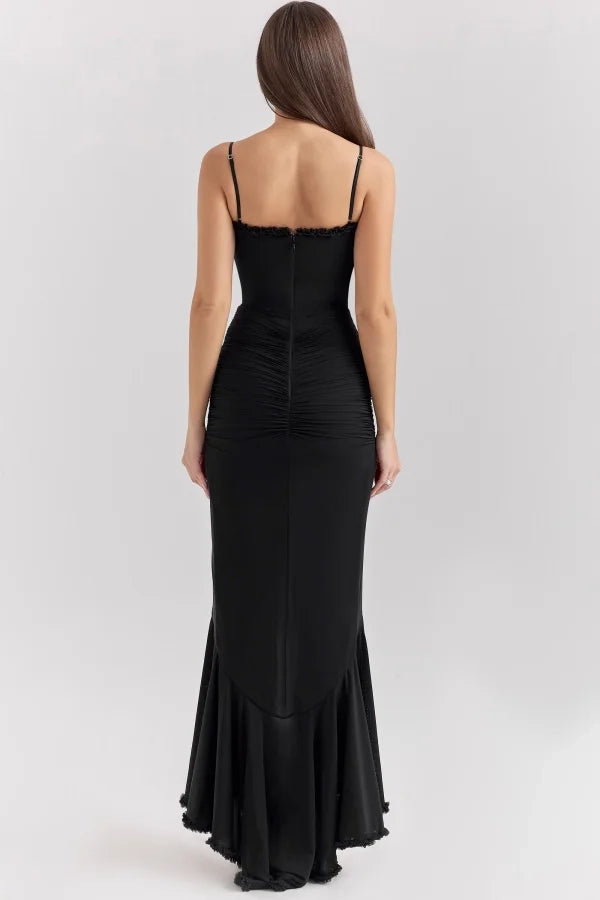 Edgy Mermaid Spaghetti Strap Frill Black Maxi Prom Dress