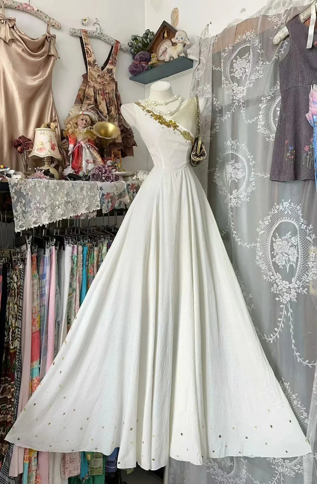 Elegant A-Line Asymmetric Neck Short Sleeve Embellished Ivory Maxi Prom Dress
