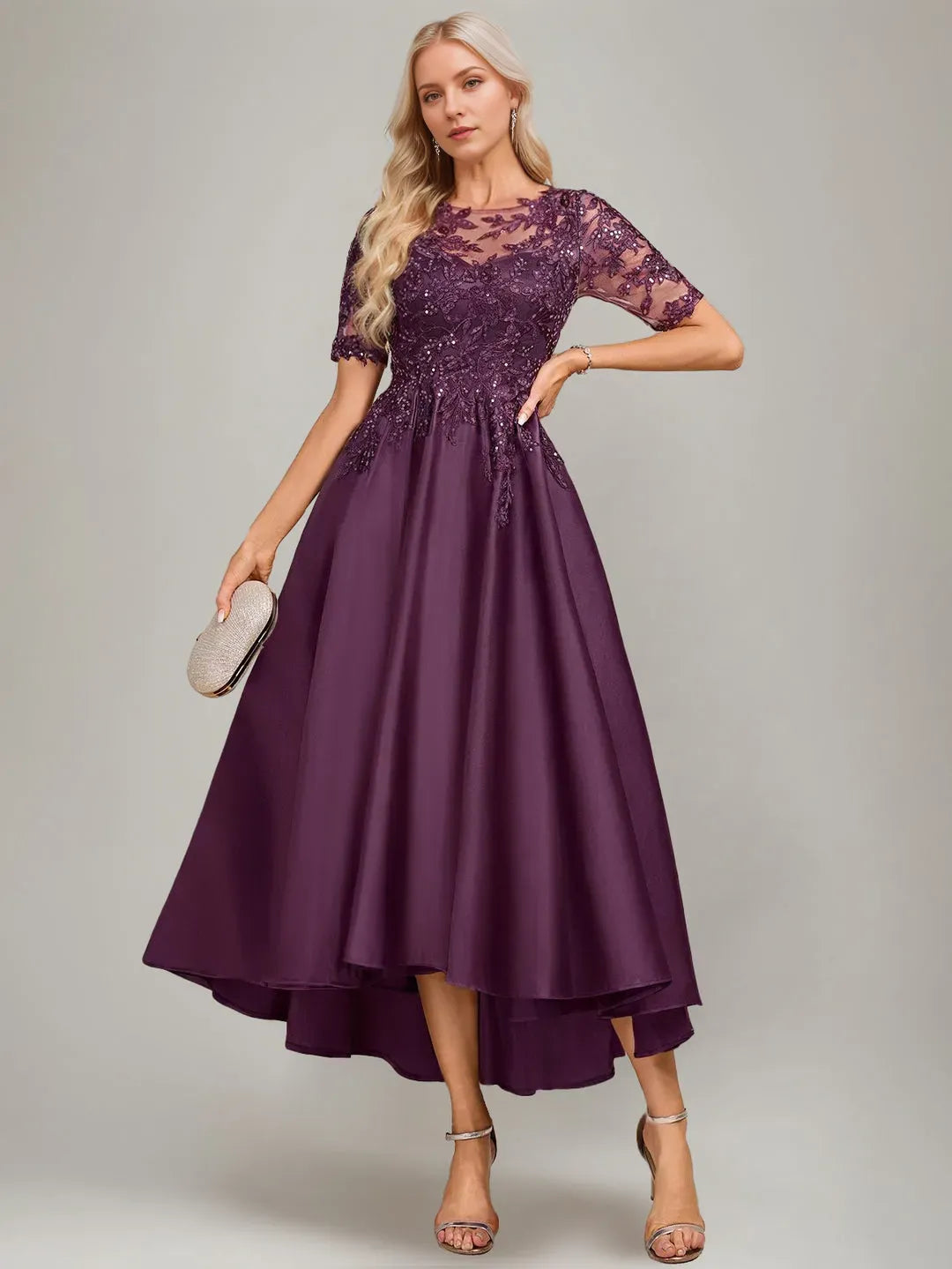 Elegant A-Line Boat-Neck Short Sleeves Asymmetrical Pleated Keyhole Mother of the Bride Dresses with Lace Appliques Sequins