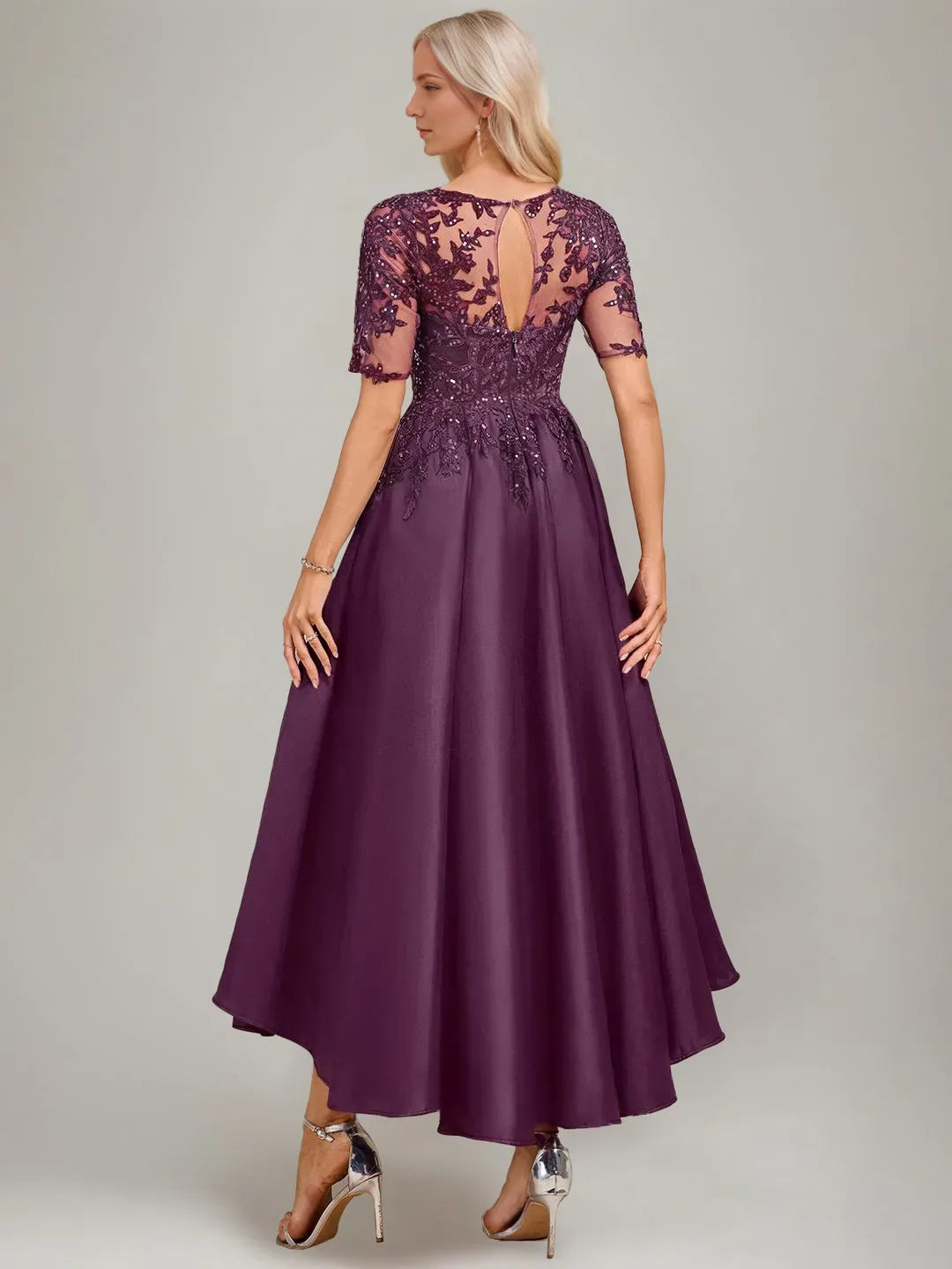 Elegant A-Line Boat-Neck Short Sleeves Asymmetrical Pleated Keyhole Mother of the Bride Dresses with Lace Appliques Sequins