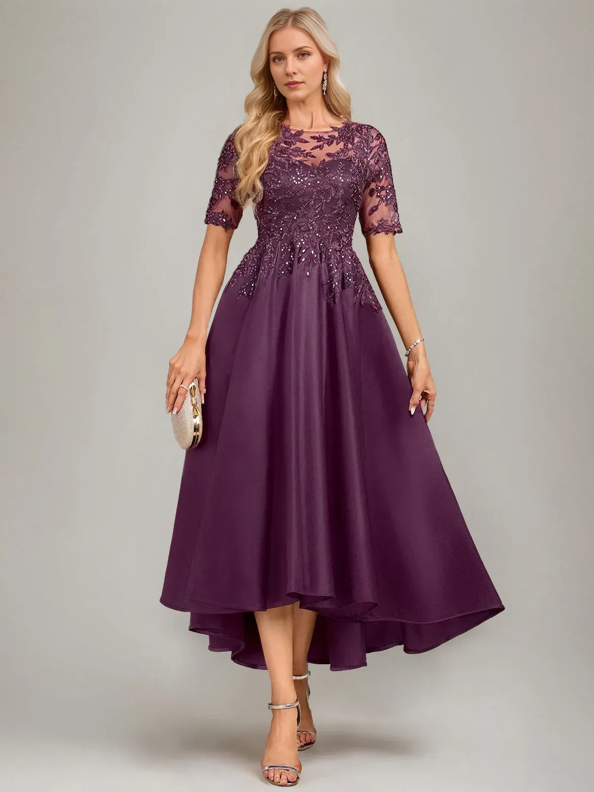 Elegant A-Line Boat-Neck Short Sleeves Asymmetrical Pleated Keyhole Mother of the Bride Dresses with Lace Appliques Sequins