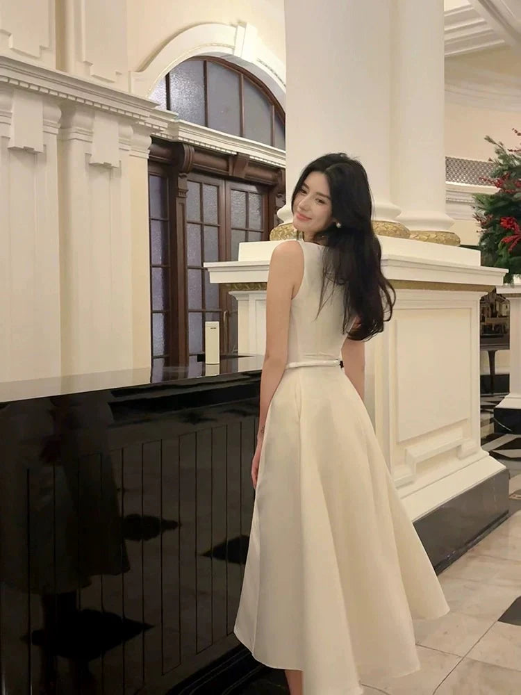 Elegant A-Line Boat Neck Sleeveless Belted Ivory Midi Prom Dress