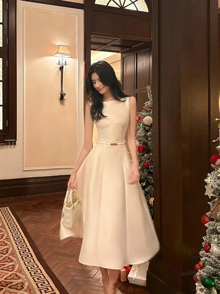 Elegant A-Line Boat Neck Sleeveless Belted Ivory Midi Prom Dress