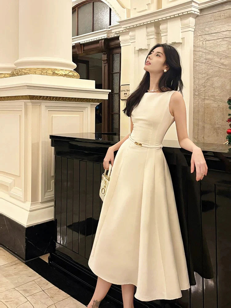 Elegant A-Line Boat Neck Sleeveless Belted Ivory Midi Prom Dress